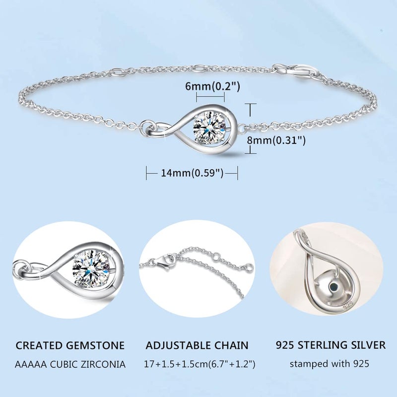 FANCIME Sterling Silver Solitaire CZ Cubic Zirconia Simulated Diamond Dainty Infinity Link Bracelet April Birthstone Fine Jewelry Birthday Anniversary Christmas Gifts for Women, Chain 6.7"+1.2" - Image 5